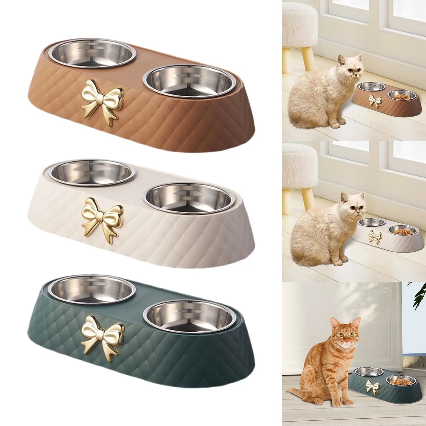 Dog/Cat Double Bowls with Ribbon Design