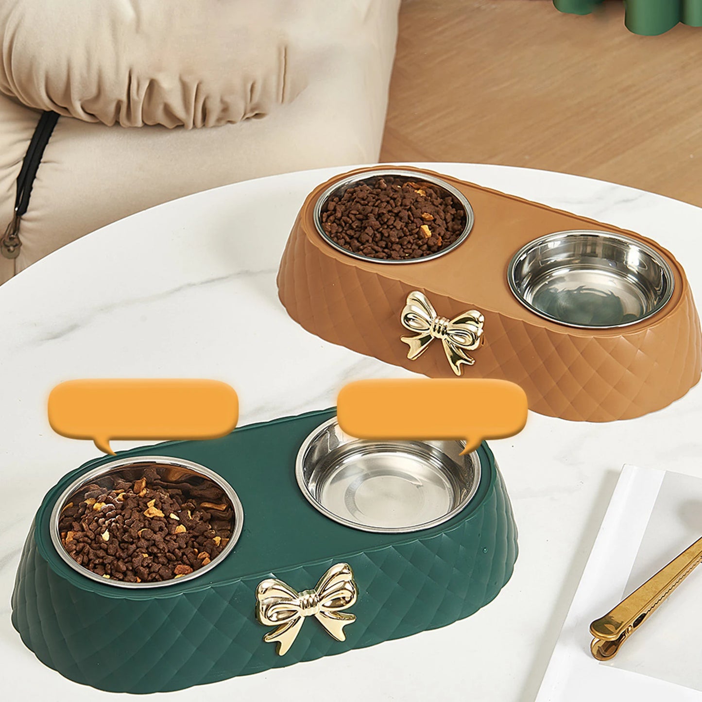 Dog/Cat Double Bowls with Ribbon Design