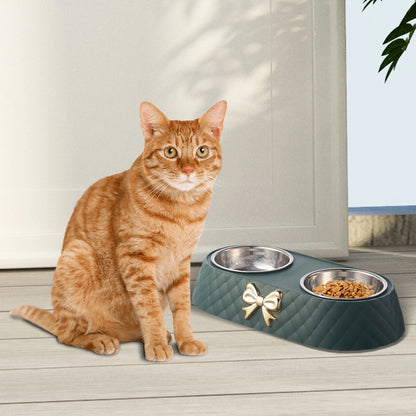 Dog/Cat Double Bowls with Ribbon Design